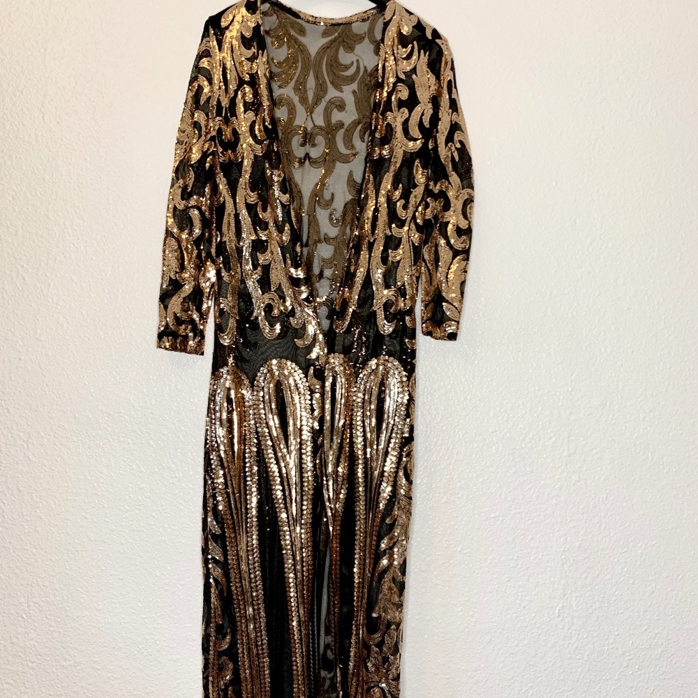 Black Gold Sequin Midi Dressy Glam Evening Jacket